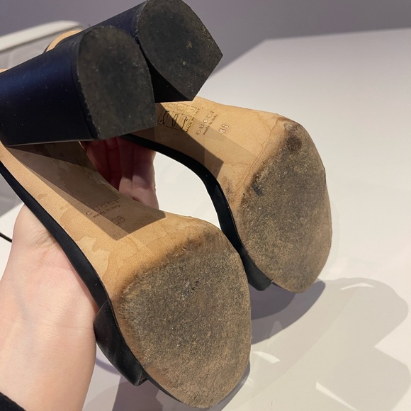 Gucci Black Leather Horsebit Ankle Strap Open Toe Block Heel Sandals Size 38 - Picture 6 of 8